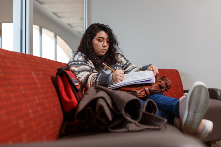 A student studying while on a couch.